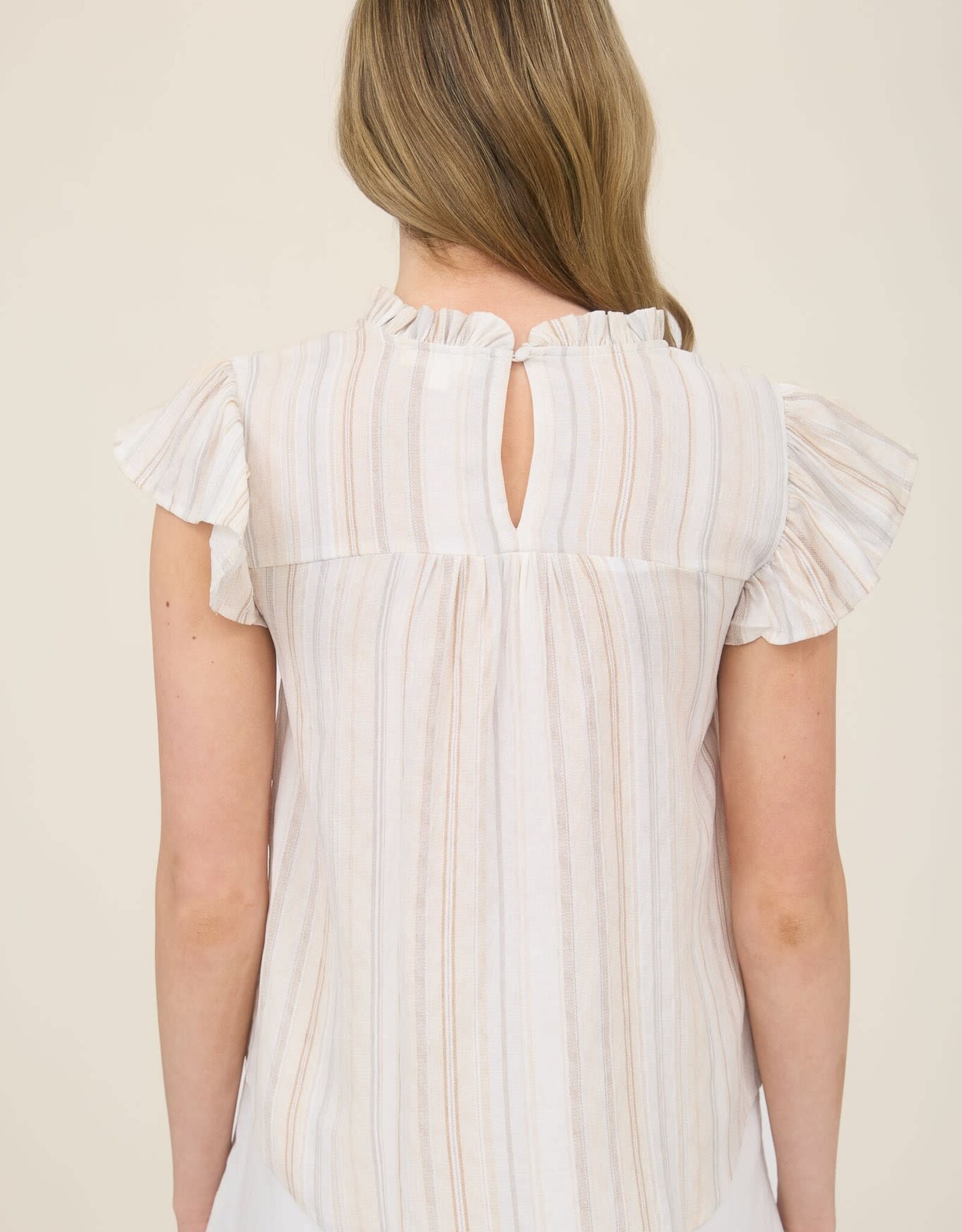 Miss Bliss M&E Multi Clr Stripe Lace Trim Rfle Slv Top-Khaki