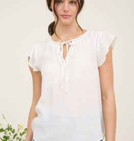 Miss Bliss Ladder Lace Ruffle Sleeve Top-White