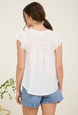 Miss Bliss M&E Ladder Lace Trim Front Tie Ruffle Sleeve Top-White