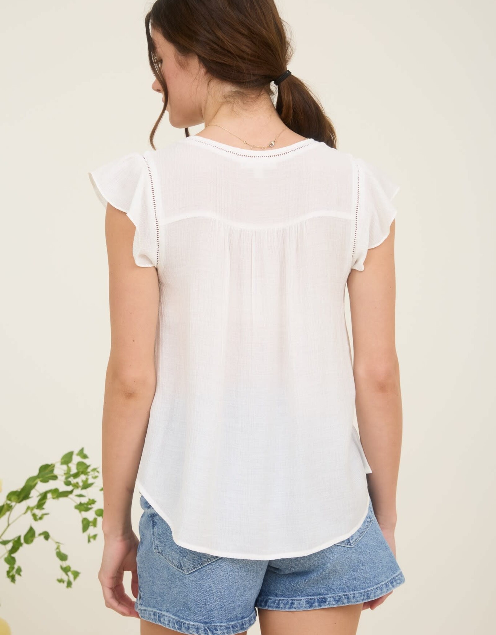 Miss Bliss M&E Ladder Lace Trim Front Tie Ruffle Sleeve Top-White