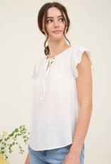 Miss Bliss M&E Ladder Lace Trim Front Tie Ruffle Sleeve Top-White