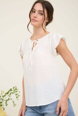 Miss Bliss M&E Ladder Lace Trim Front Tie Ruffle Sleeve Top-White