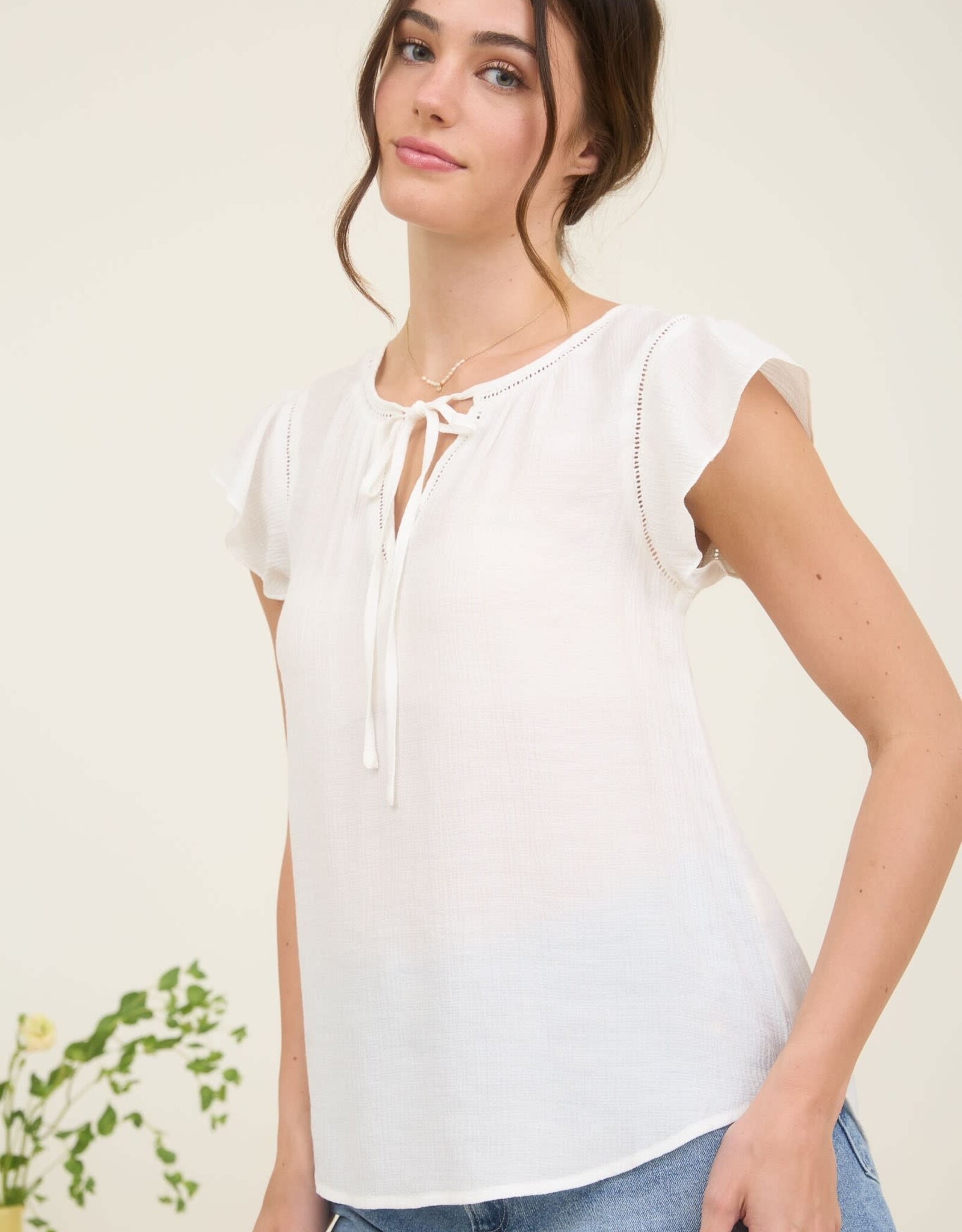 Miss Bliss M&E Ladder Lace Trim Front Tie Ruffle Sleeve Top-White