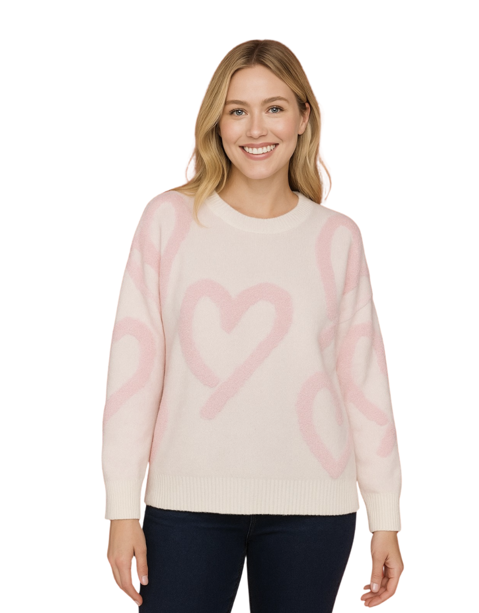 Miss Bliss Dream Embroidered Hearts Sweater-Ivory/Pink
