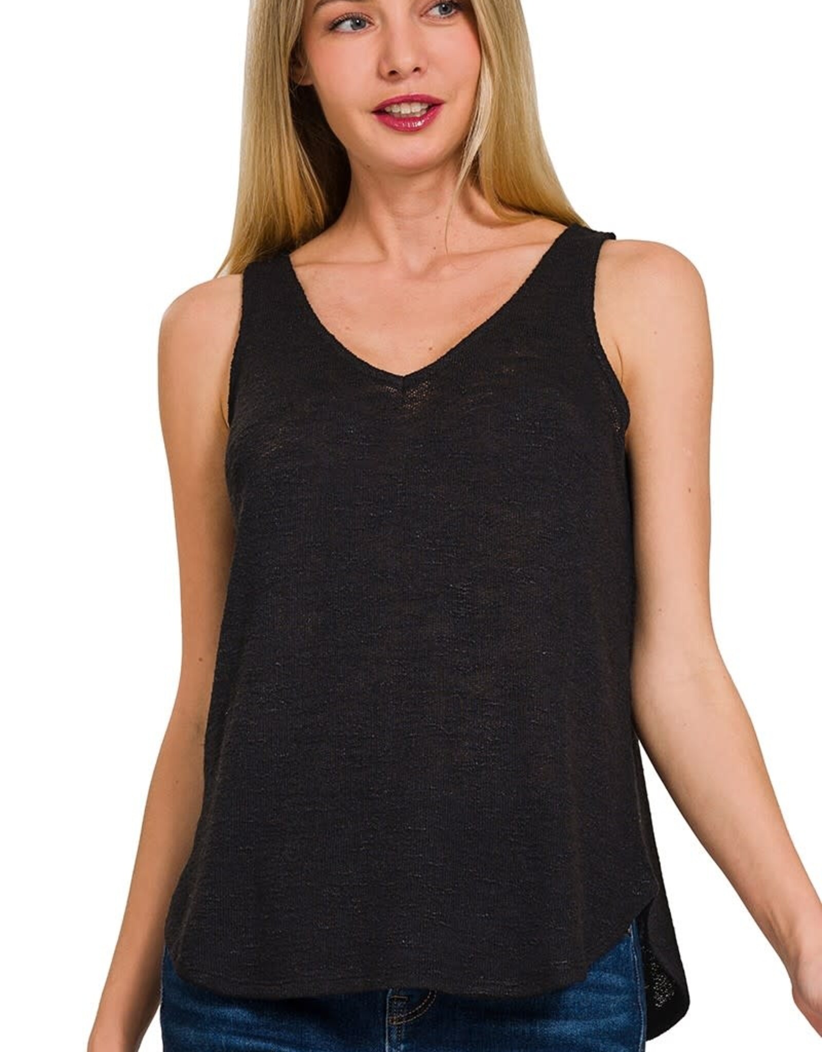 Miss Bliss Zen V Neck Slub Hacci Cami Top-Black