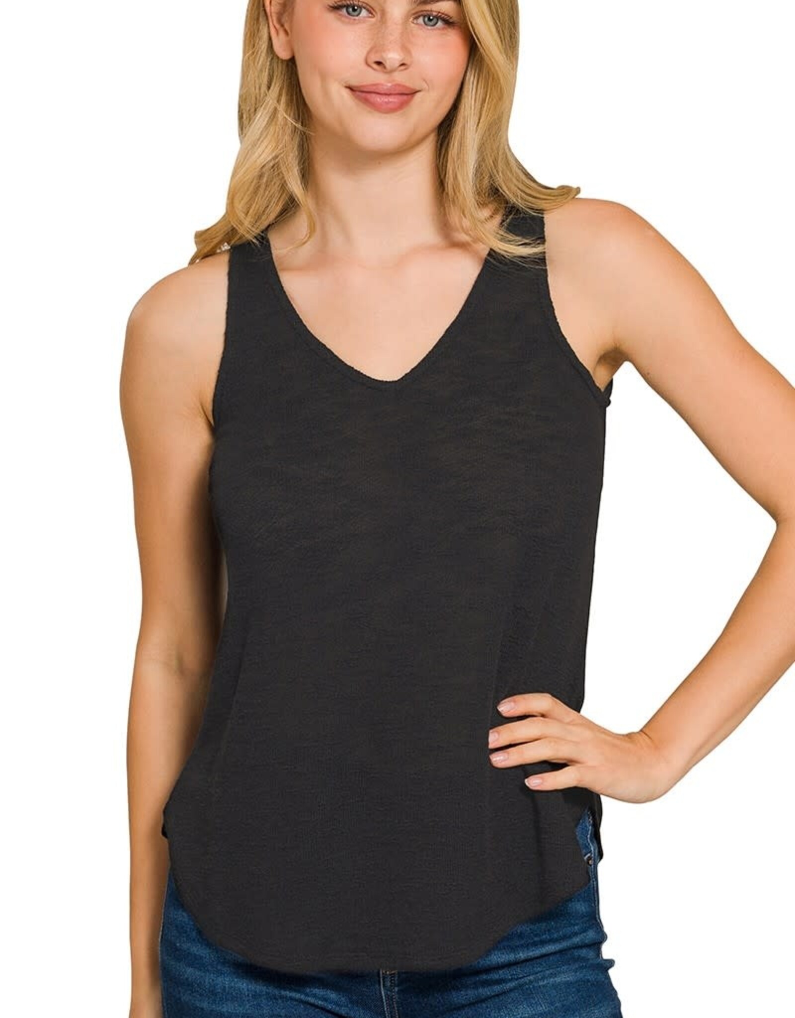 Miss Bliss Zen V Neck Slub Hacci Cami Top-Black