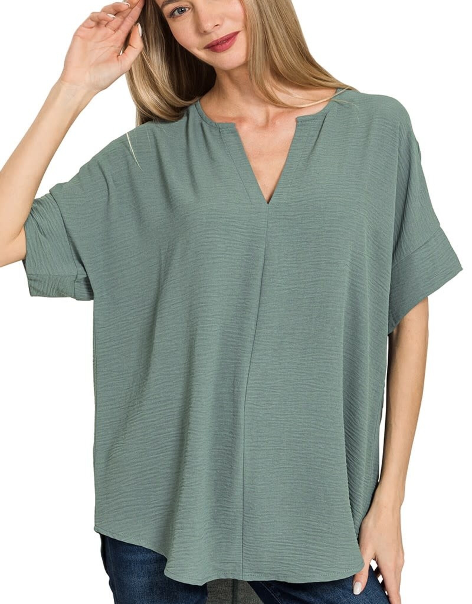 Miss Bliss Zen Woven Airflow Split Nck SS Top-Ash Jade