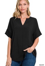 Miss Bliss Zen Woven Airflow Split Nck SS Top-Black