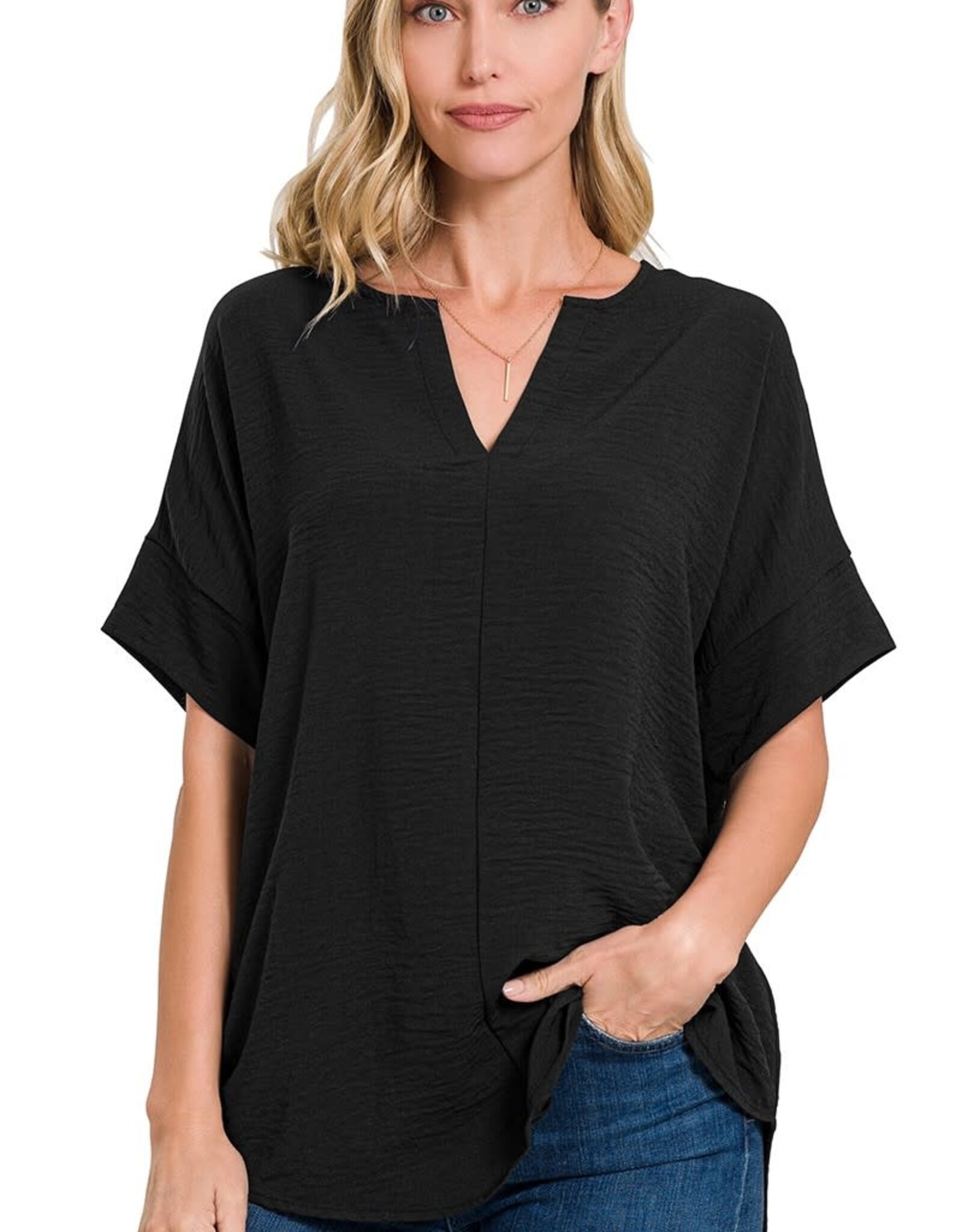 Miss Bliss Zen Woven Airflow Split Nck SS Top-Black