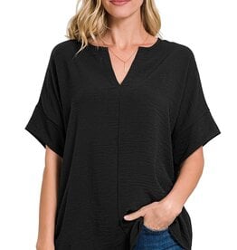 Miss Bliss Woven Airflow Split Nck SS Top-Black