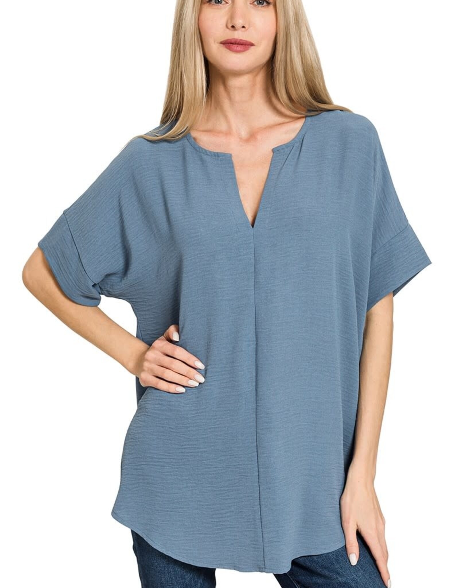 Miss Bliss Zen Woven Airflow Split Nck SS Top-Dusty Blue