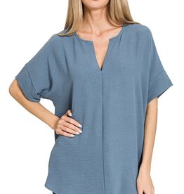 Miss Bliss Woven Airflow Split Nck SS Top-Dusty Blue