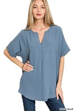 Miss Bliss Zen Woven Airflow Split Nck SS Top-Dusty Blue