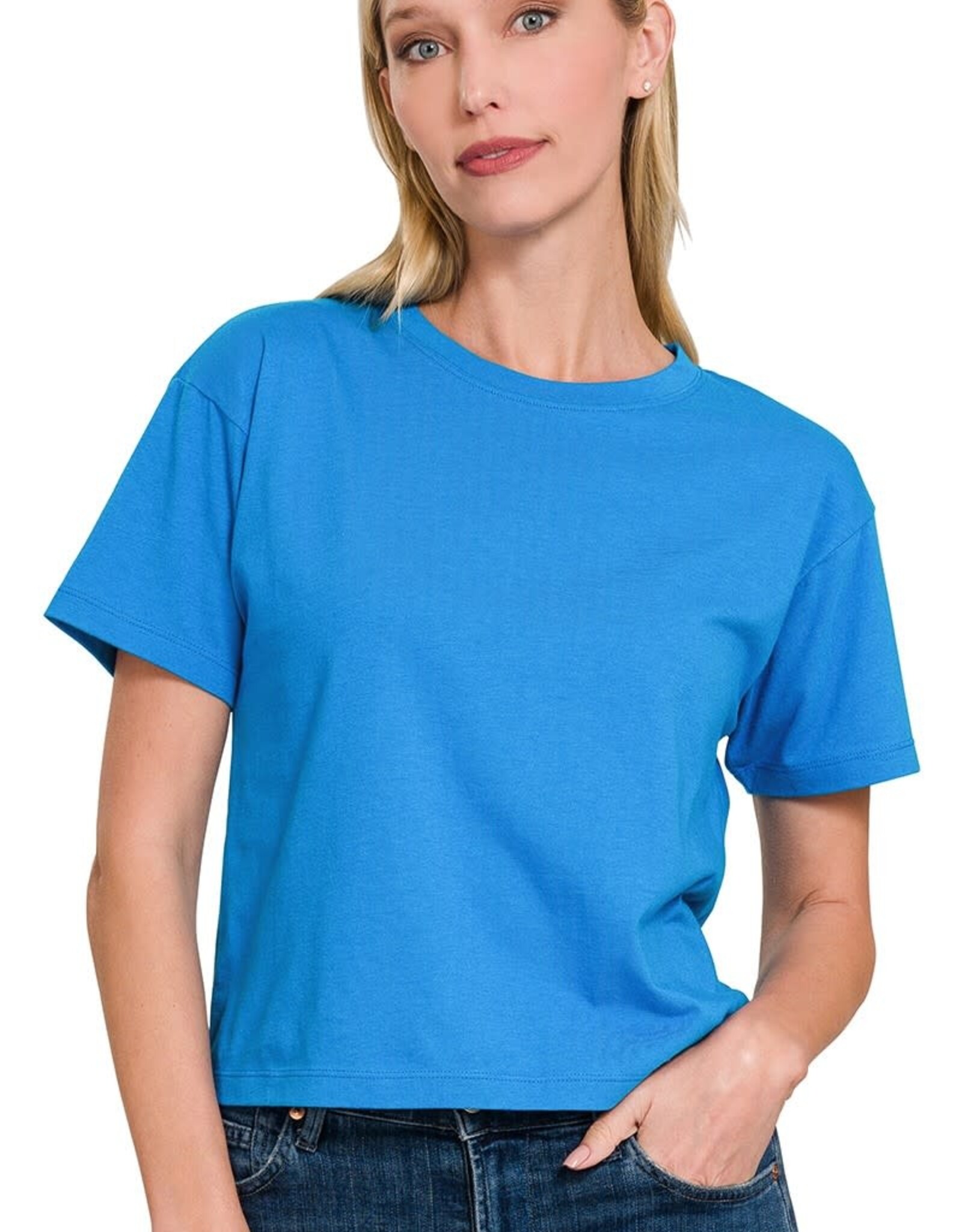 Miss Bliss Zen Cropped Cotton Crew Neck SS Top- Ocean Blue