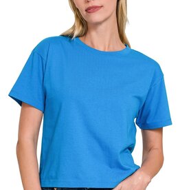 Miss Bliss Cropped Cotton Crew Neck SS Top- Ocean Blue