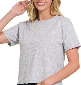 Miss Bliss Cropped Cotton Crew Neck SS Top- HGrey
