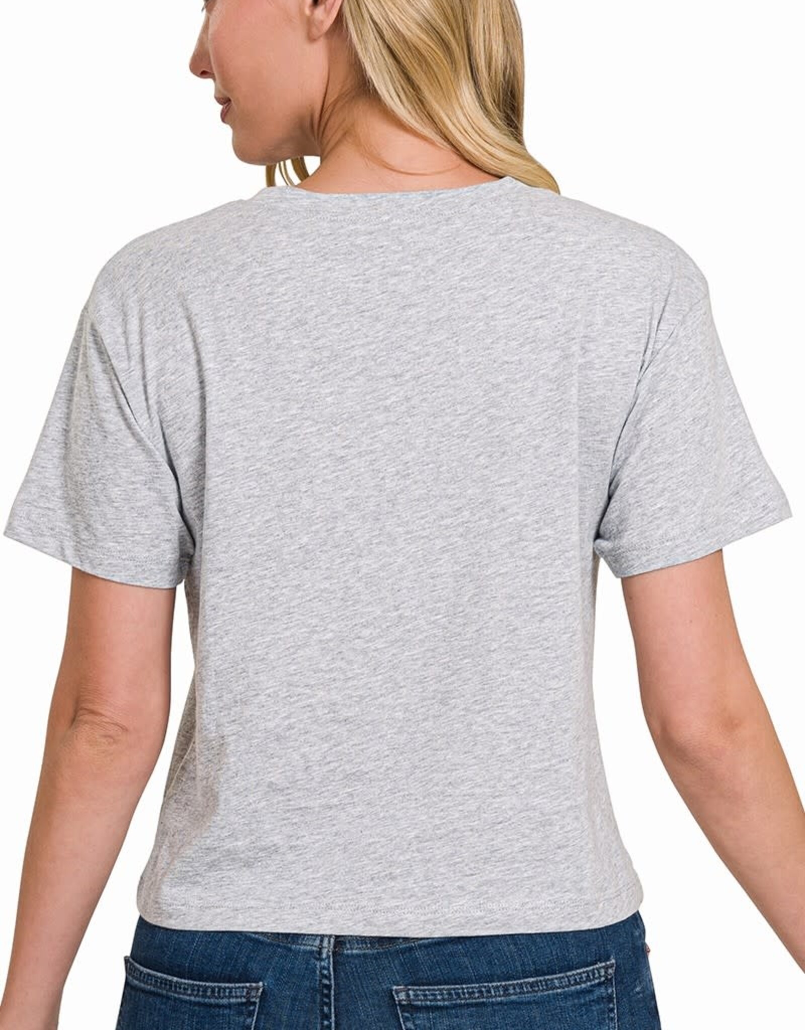 Miss Bliss Zen Cropped Cotton Crew Neck SS Top- HGrey