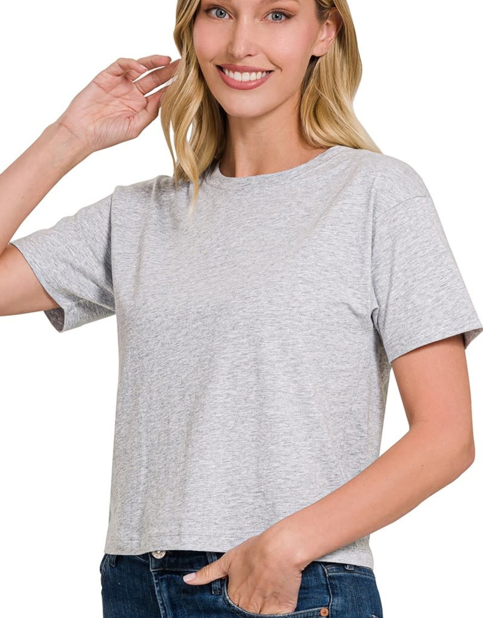Miss Bliss Zen Cropped Cotton Crew Neck SS Top- HGrey