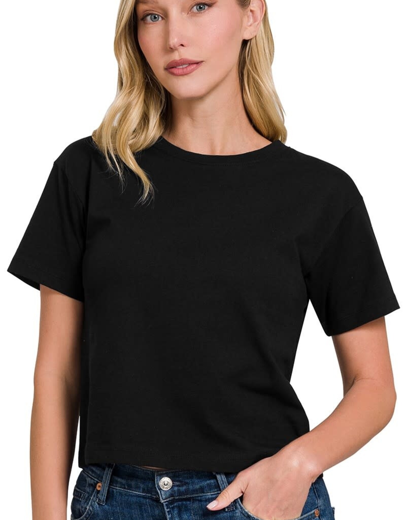 Miss Bliss Zen Cropped Cotton Crew Neck SS Top-Black