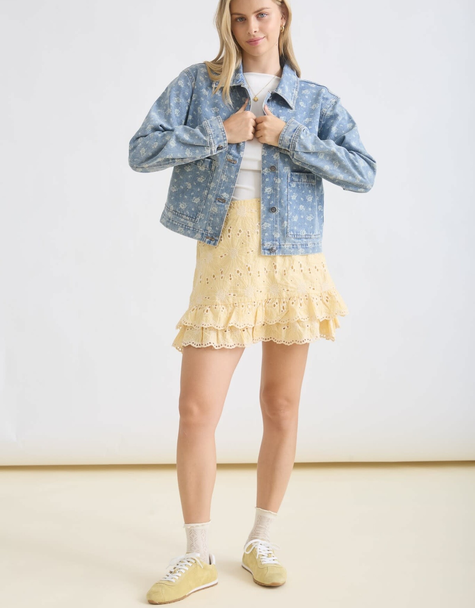 Miss Bliss Blu Floral Wash Denim Collared Button Down Jacket