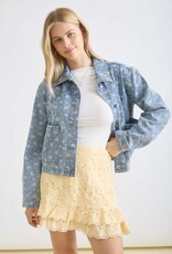 Miss Bliss Blu Floral Wash Denim Collared Button Down Jacket