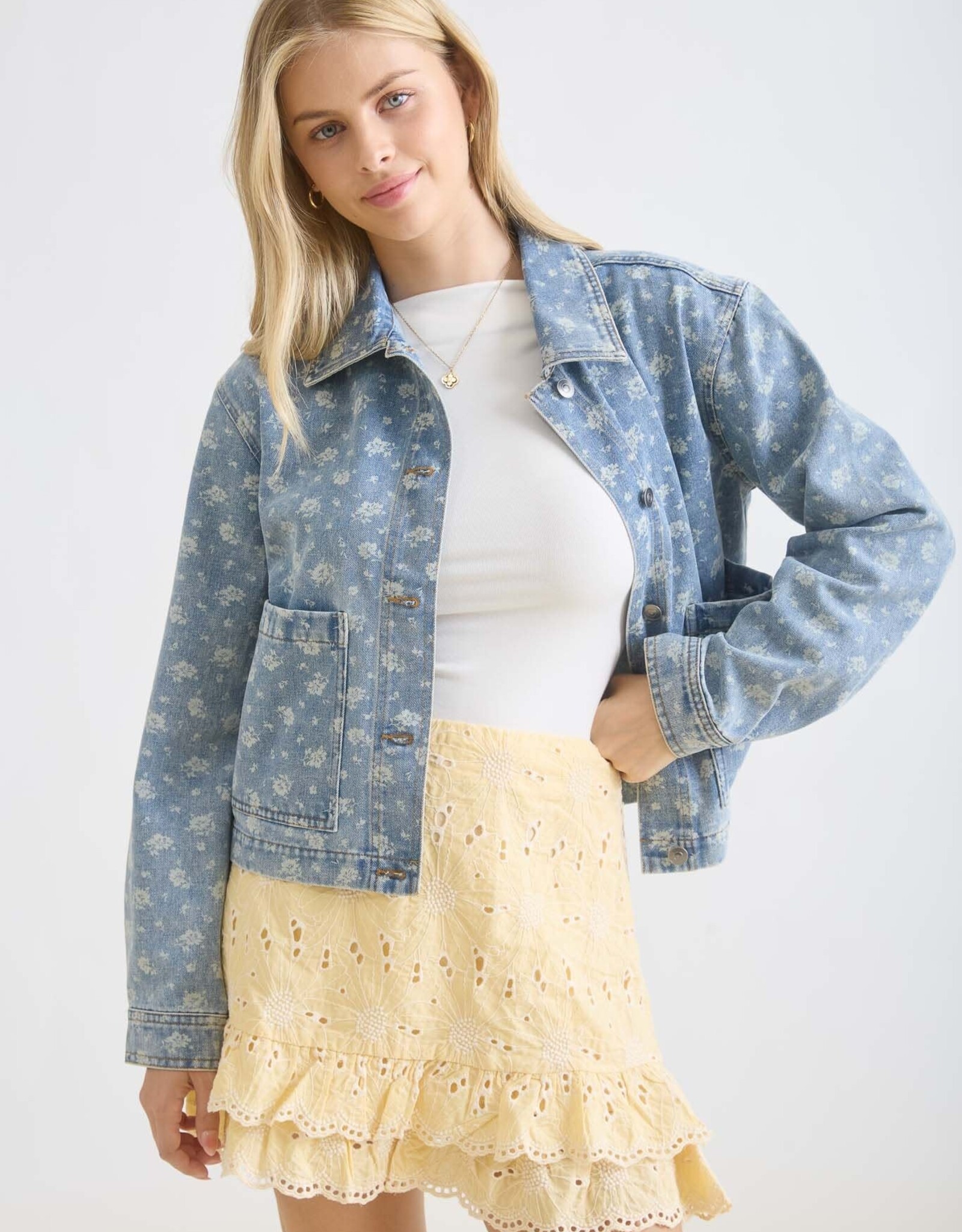 Miss Bliss Blu Floral Wash Denim Collared Button Down Jacket