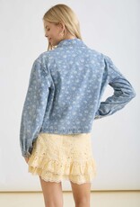 Miss Bliss Blu Floral Wash Denim Collared Button Down Jacket