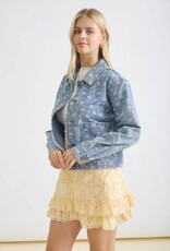 Miss Bliss Blu Floral Wash Denim Collared Button Down Jacket