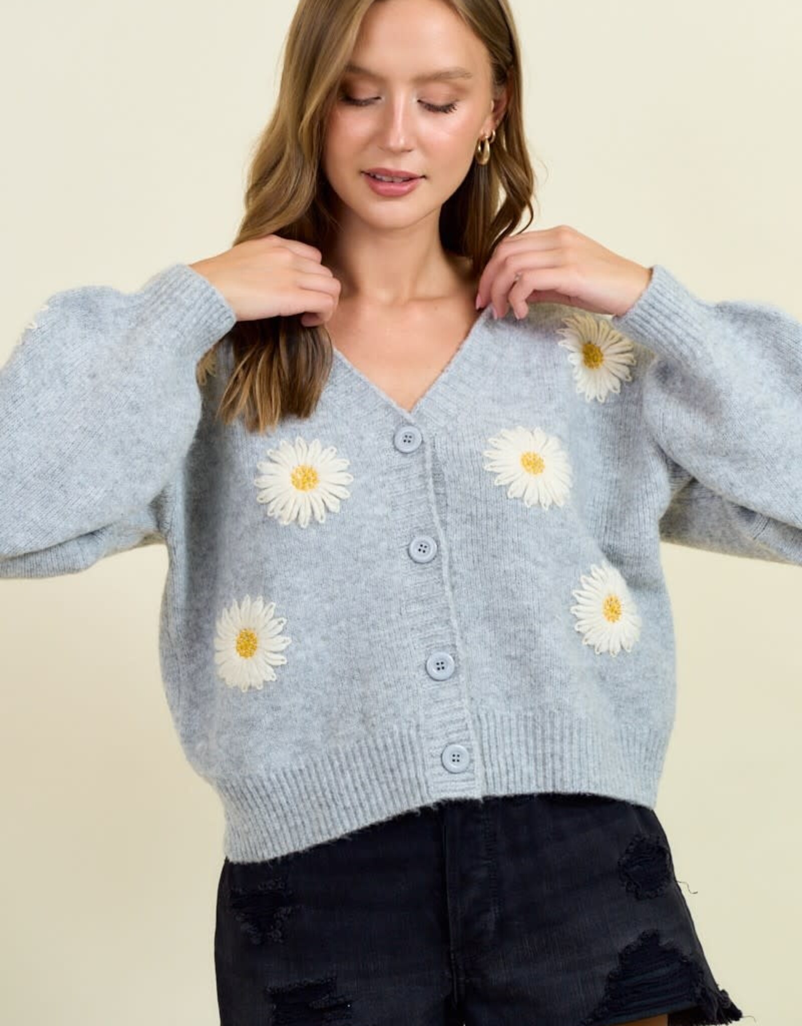 Miss Bliss D&R Floral Applique Button Down Sweater Cardigan