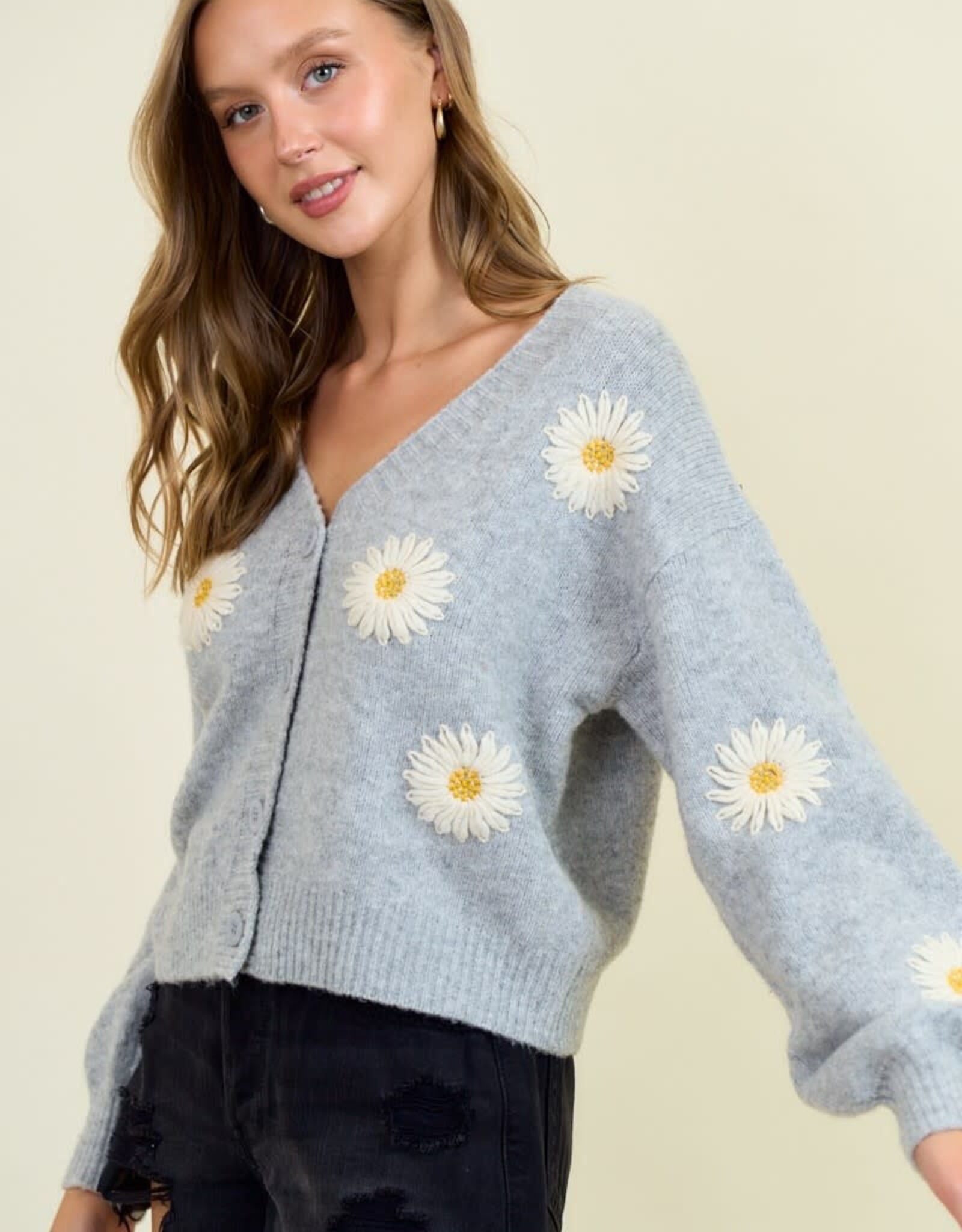 Miss Bliss D&R Floral Applique Button Down Sweater Cardigan