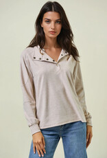 Miss Bliss D&E Buttery Soft Striped Knit Mock Neck Sweatshirt- Beige