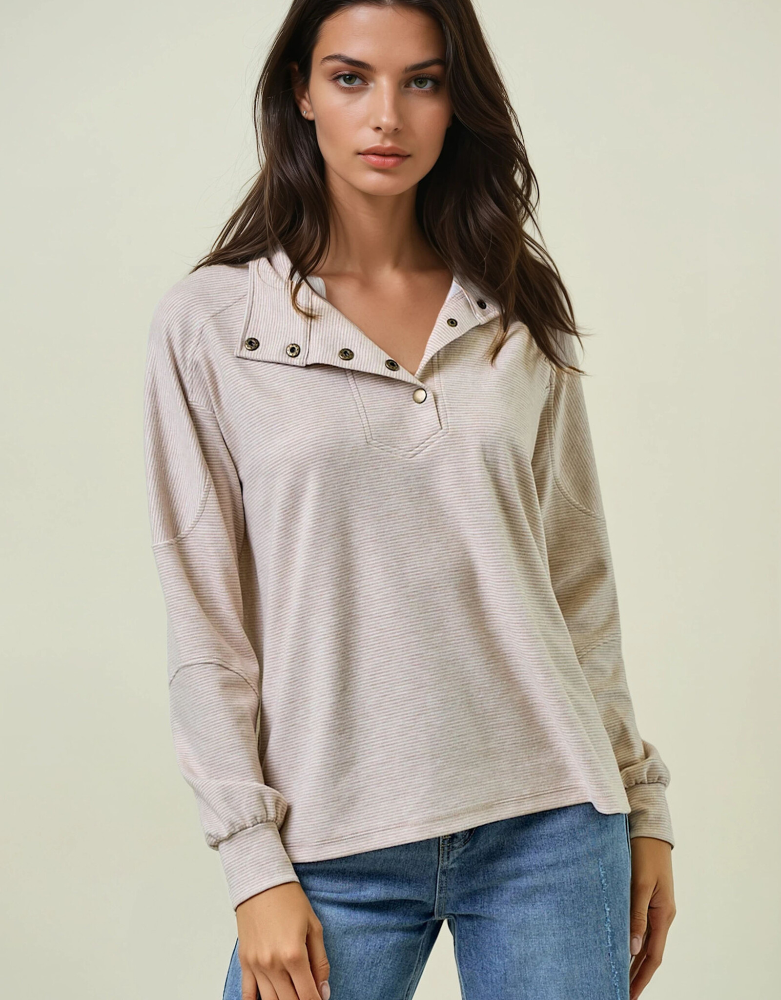 Miss Bliss D&E Buttery Soft Striped Knit Mock Neck Sweatshirt- Beige