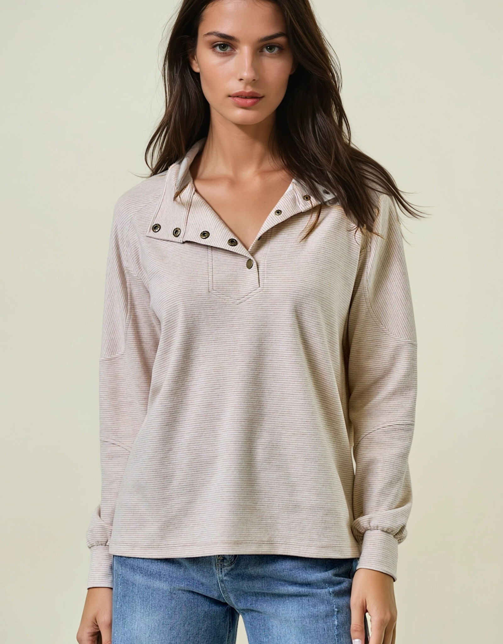 Miss Bliss D&E Buttery Soft Striped Knit Mock Neck Sweatshirt- Beige