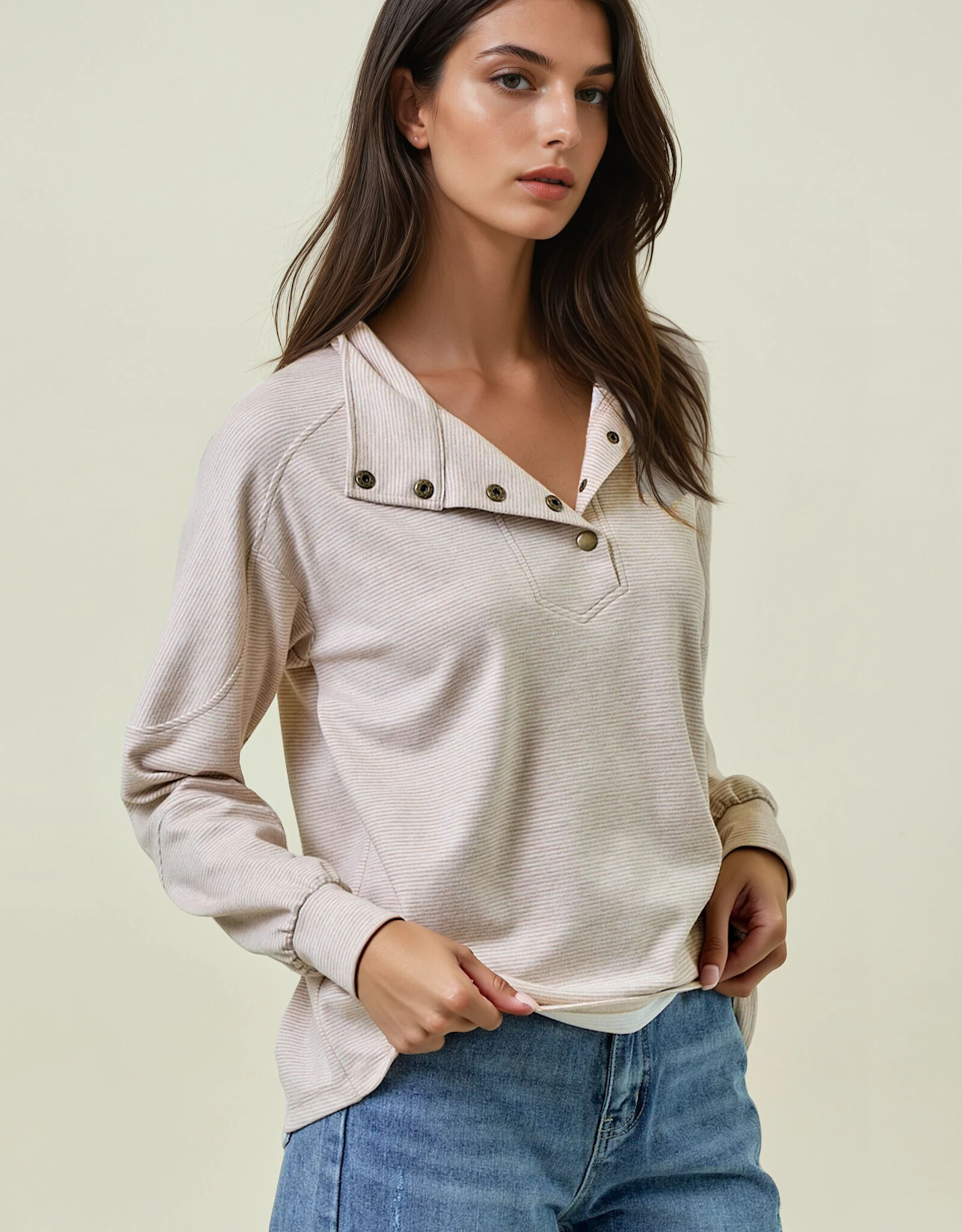 Miss Bliss D&E Buttery Soft Striped Knit Mock Neck Sweatshirt- Beige