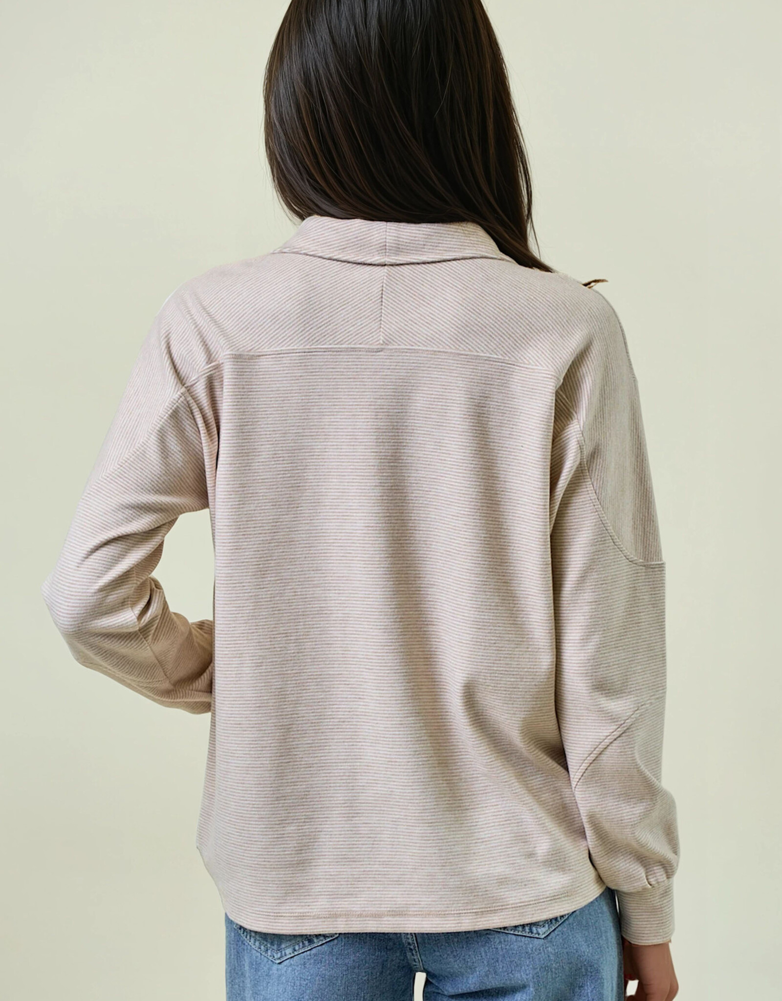 Miss Bliss D&E Buttery Soft Striped Knit Mock Neck Sweatshirt- Beige