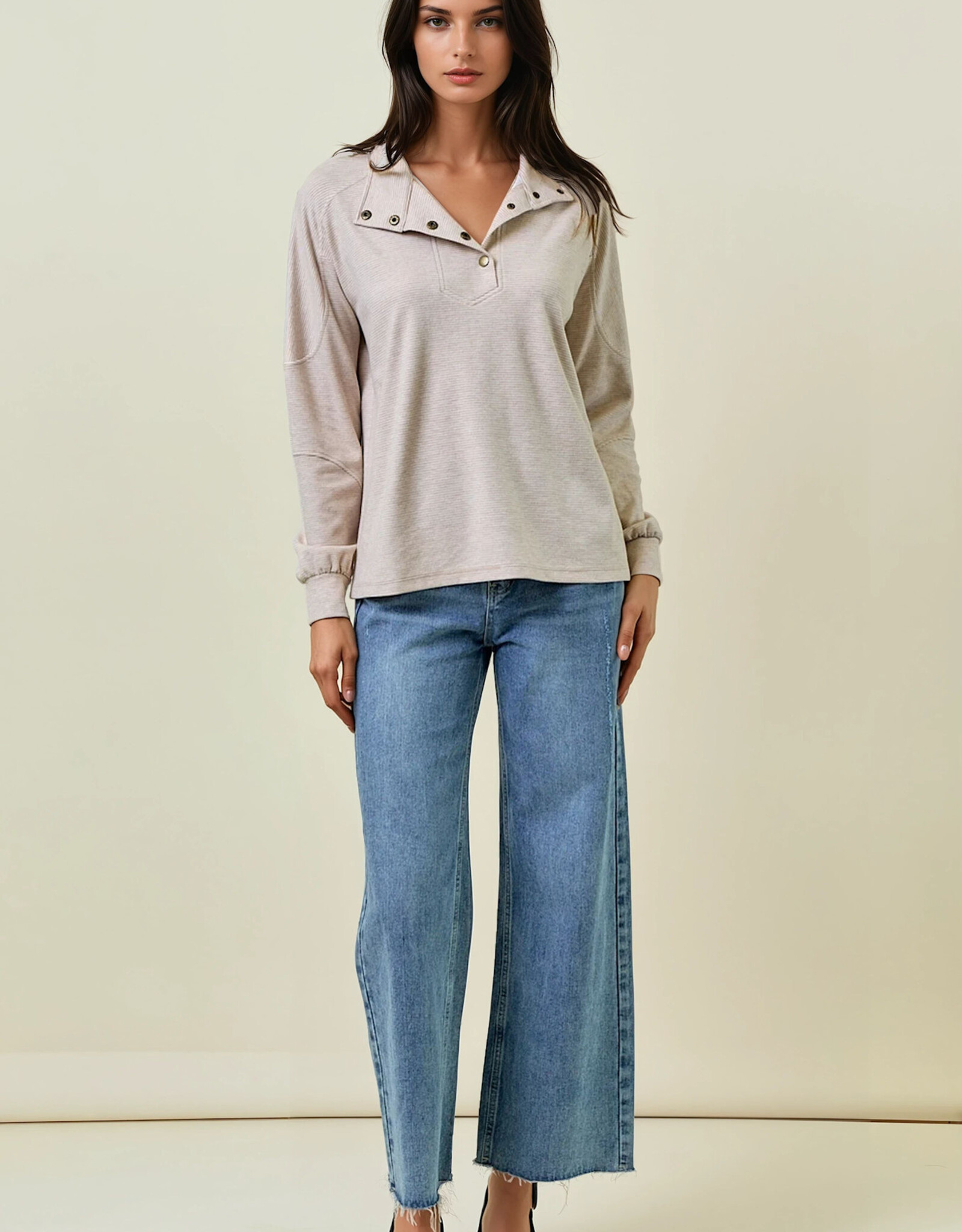 Miss Bliss D&E Buttery Soft Striped Knit Mock Neck Sweatshirt- Beige