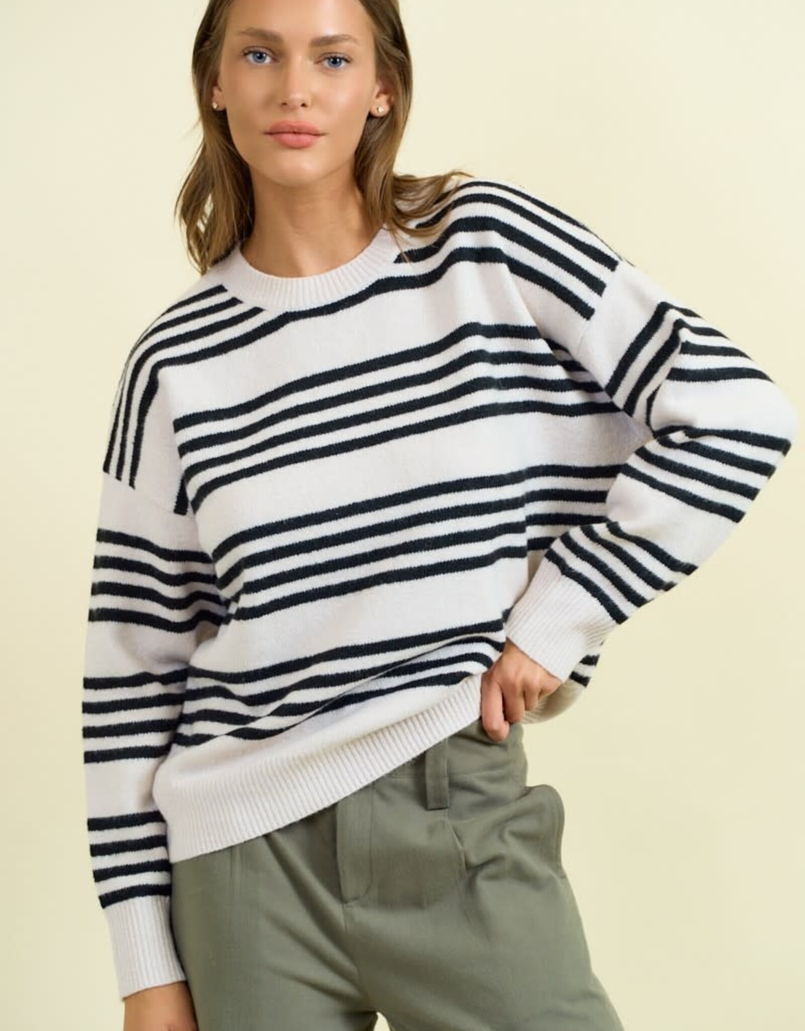 Miss Bliss D&R Striped Long Sleeve Sweater-Beige/Black