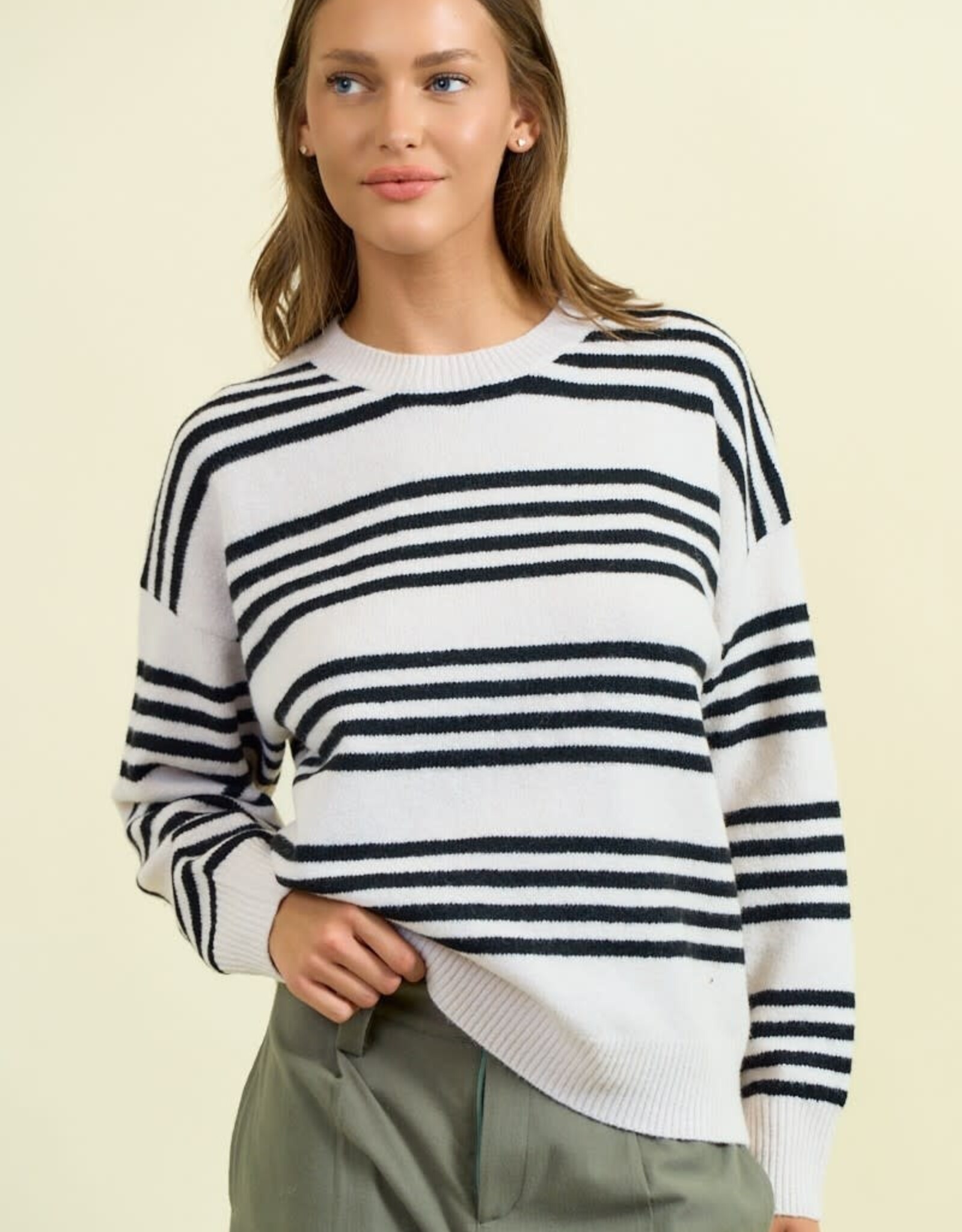 Miss Bliss D&R Striped Long Sleeve Sweater-Beige/Black