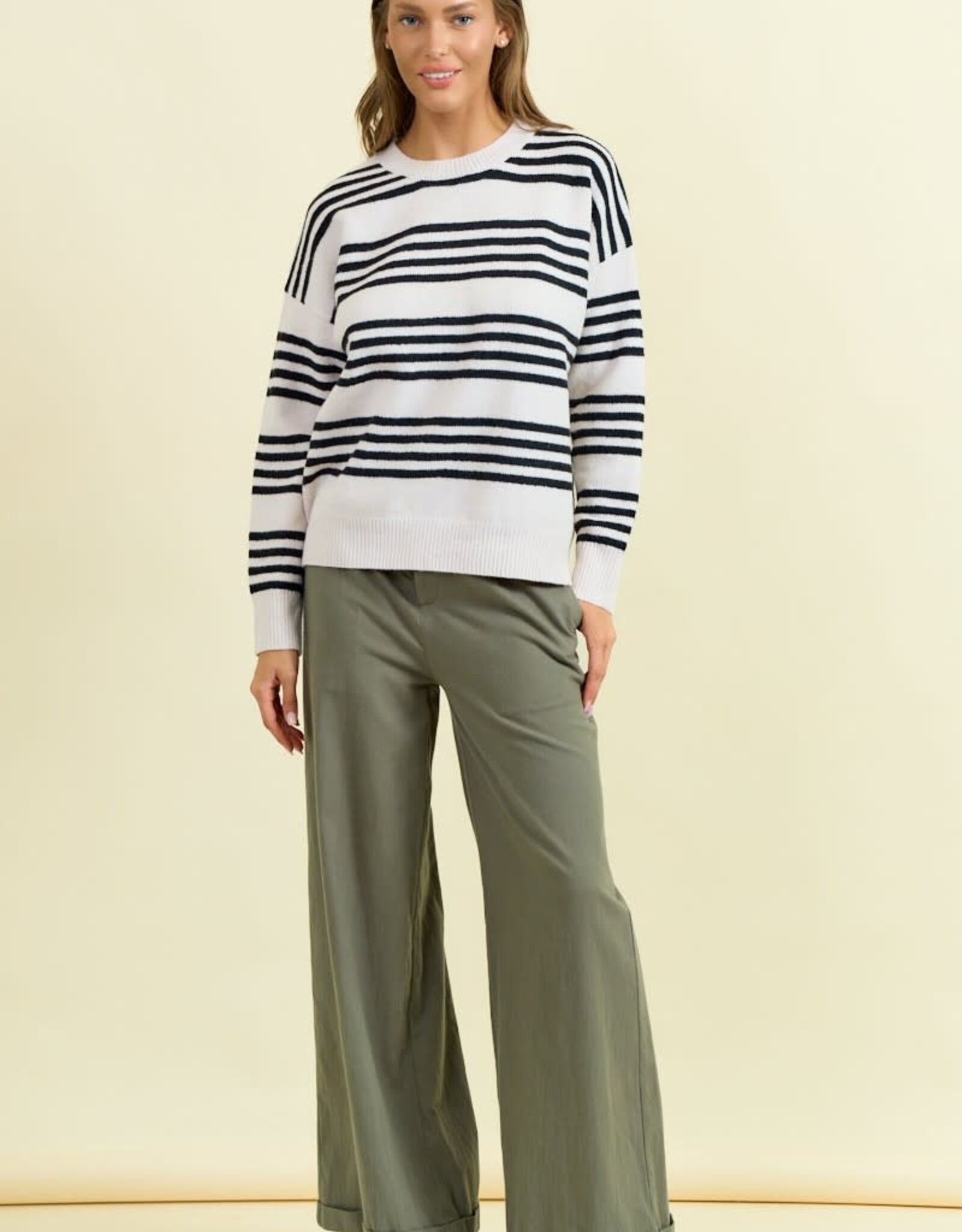 Miss Bliss D&R Striped Long Sleeve Sweater-Beige/Black