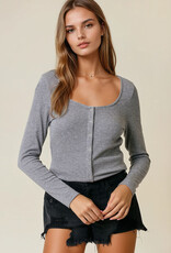 Miss Bliss D&R Square Neck Long Sleeve Snap Button-front Cardigan- Dk. Grey