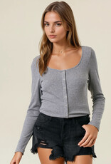 Miss Bliss D&R Square Neck Long Sleeve Snap Button-front Cardigan- Dk. Grey