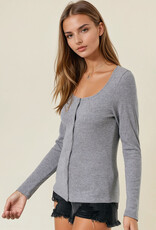 Miss Bliss D&R Square Neck Long Sleeve Snap Button-front Cardigan- Dk. Grey