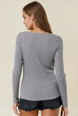 Miss Bliss D&R Square Neck Long Sleeve Snap Button-front Cardigan- Dk. Grey