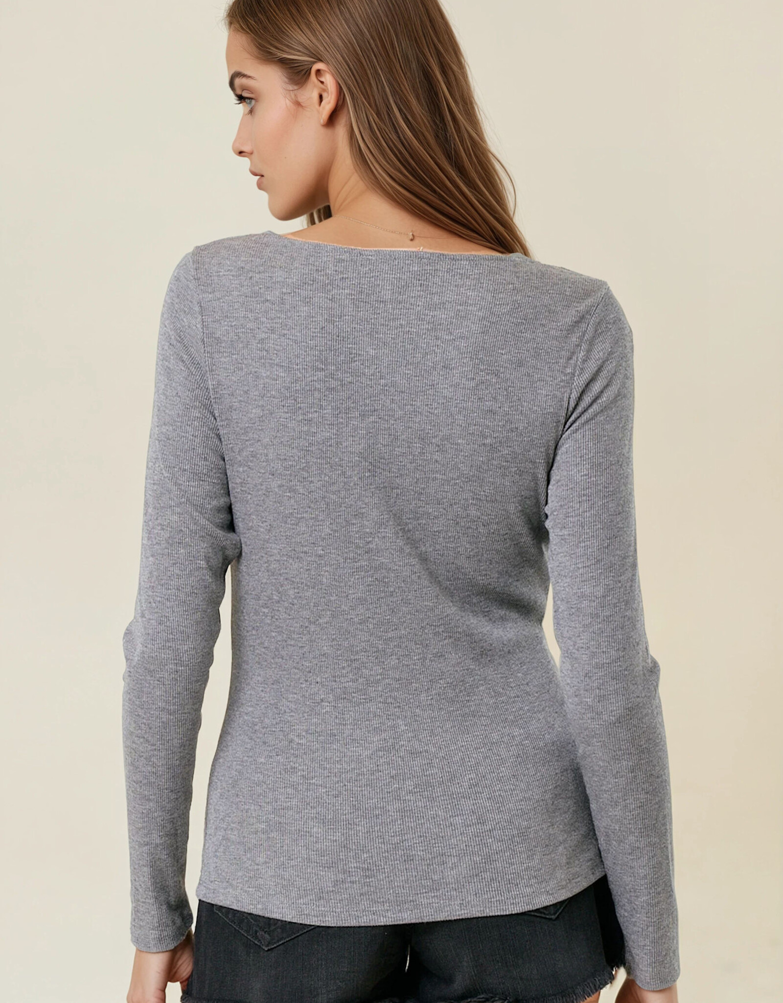 Miss Bliss D&R Square Neck Long Sleeve Snap Button-front Cardigan- Dk. Grey