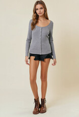 Miss Bliss D&R Square Neck Long Sleeve Snap Button-front Cardigan- Dk. Grey
