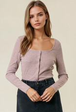 Miss Bliss D&R Square Neck Long Sleeve Snap Button-front Cardigan- Cocoa