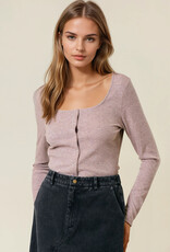 Miss Bliss D&R Square Neck Long Sleeve Snap Button-front Cardigan- Cocoa