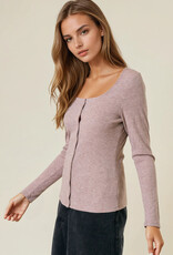 Miss Bliss D&R Square Neck Long Sleeve Snap Button-front Cardigan- Cocoa