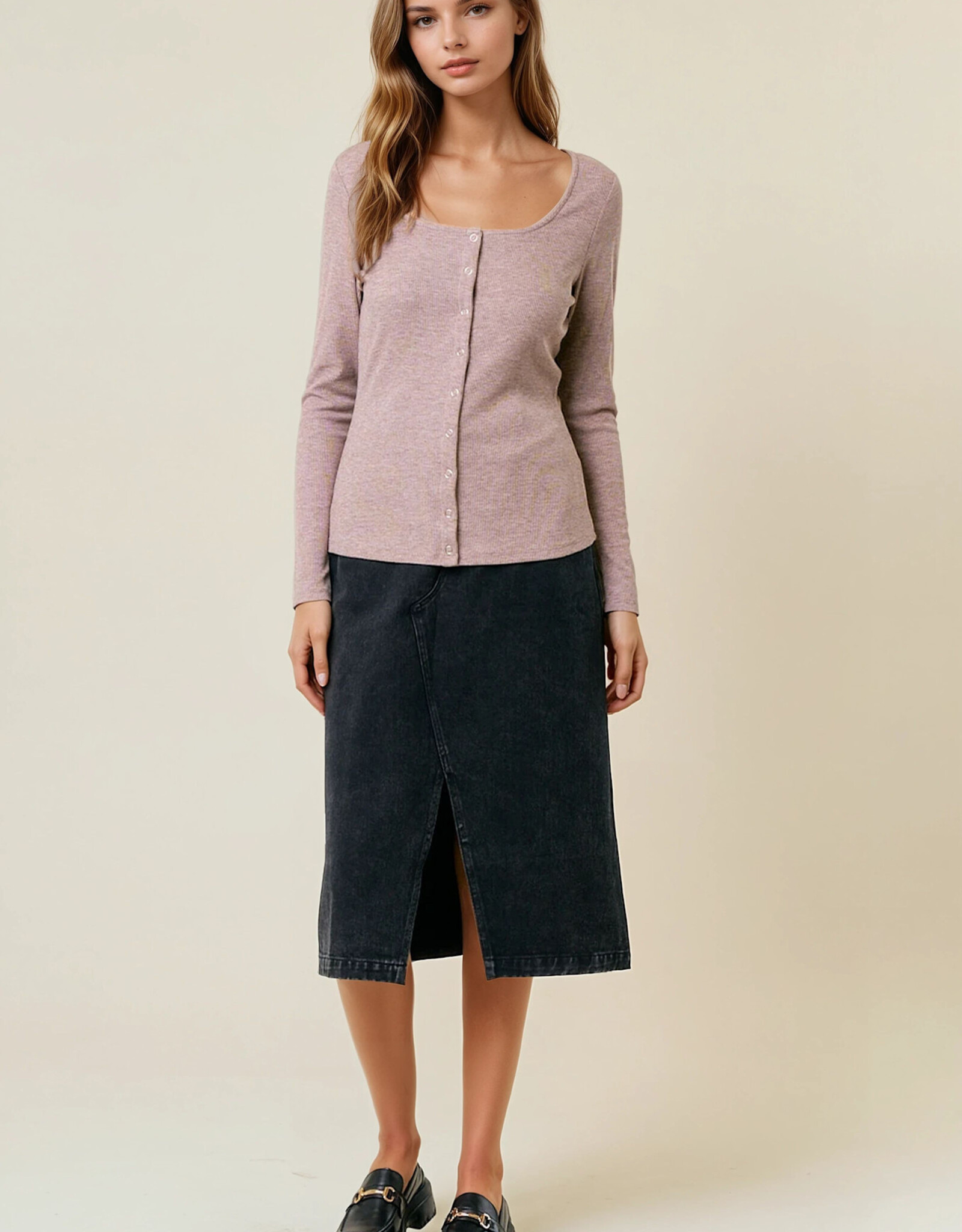 Miss Bliss D&R Square Neck Long Sleeve Snap Button-front Cardigan- Cocoa