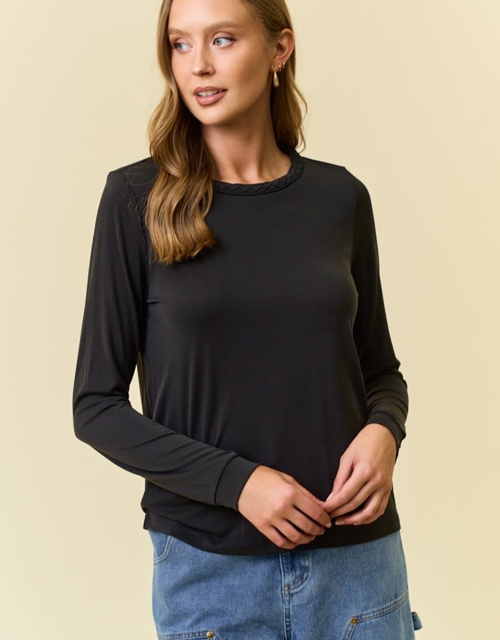 Miss Bliss D&R Modal Jersey Braided Neck Long Sleeve Top- Black